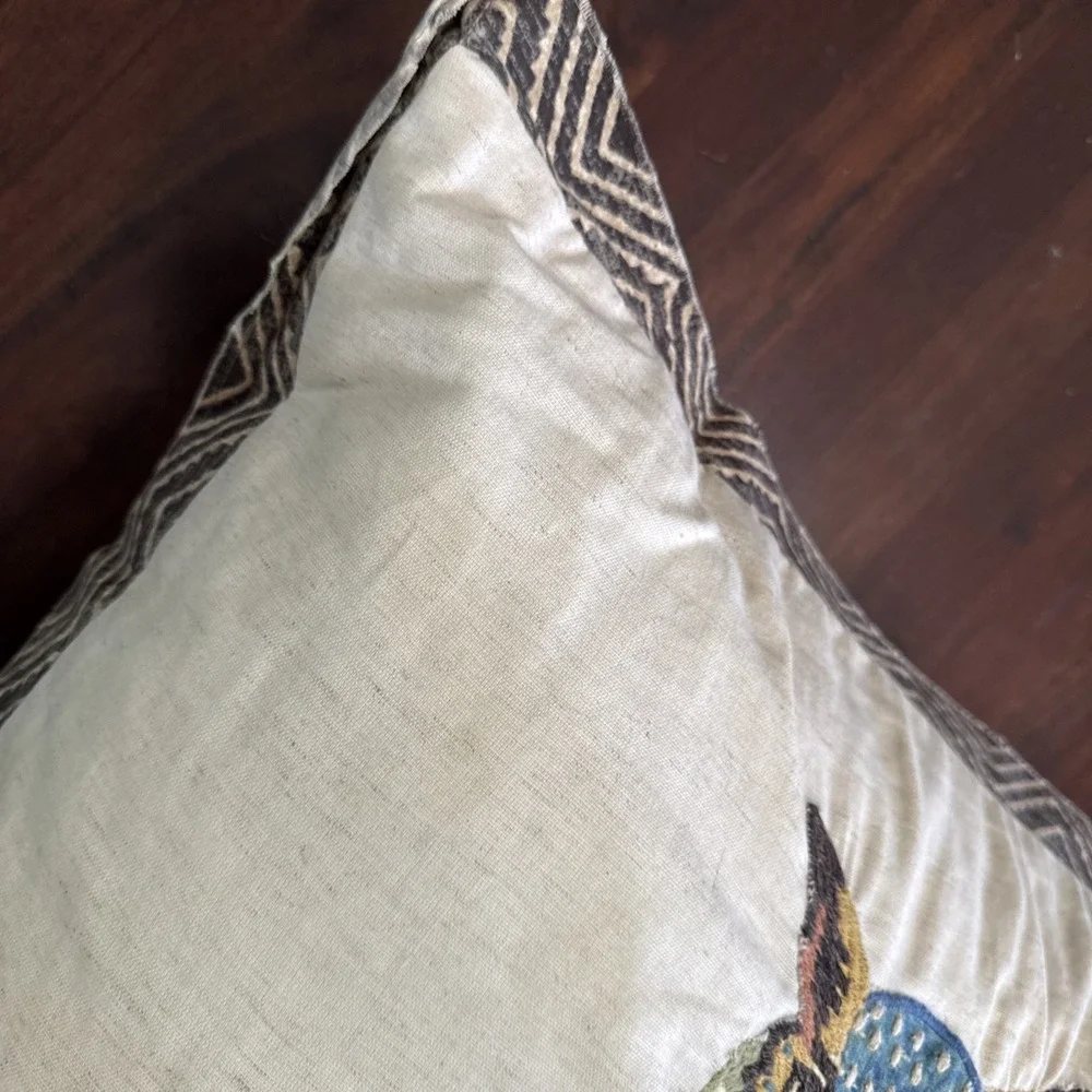 Pottery Barn Throw Pillow Owl Bird Embroidered Appliqué‎ Feather Insert Cover